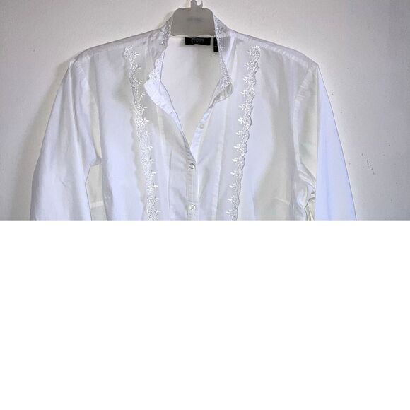 ALLISON MORGAN 1X Solid White 100% Cotton Eyelet Lace Trim Long Sleeve Blouse - Picture 2 of 5
